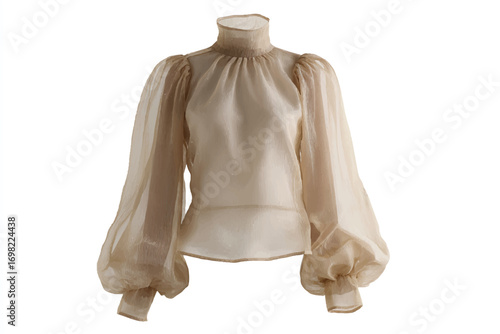 Elegant beige blouse with high neck and balloon sleeves modern fashion statement isolated