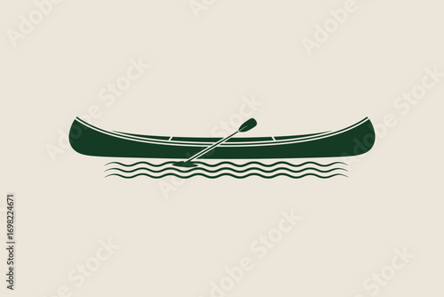 A green canoe with a paddle floating on water with a light beige background in a minimalist style