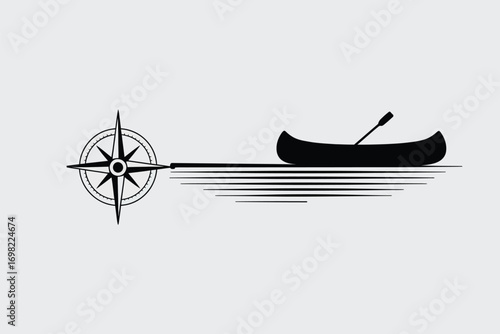 A compass and a canoe on the water showing direction for travel and adventure in the wilderness