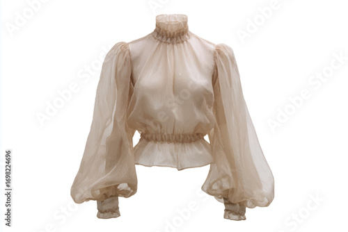 Elegant beige blouse with high ruffled collar and voluminous bishop sleeves against a white background showcasing fashion
