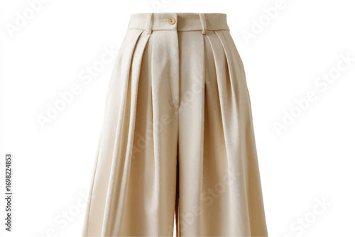 Elegant beige wide leg trousers with pleats and button closure sophisticated wardrobe staple for women