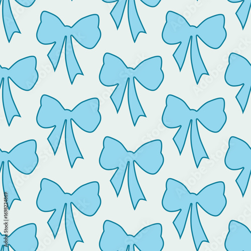 Ribbon bows seamless pattern. Blue gift patten. Cute pastel blue vector bow background. Ribbon repeating turquoise wallpaper design.