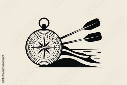 Illustration of a compass with explore the horizon text and paddles over water in black and white