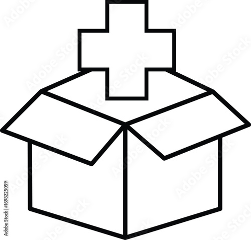 Humanitarian aid box icon with medical cross, relief supply package for disaster support, food and healthcare emergency help, transparent background
