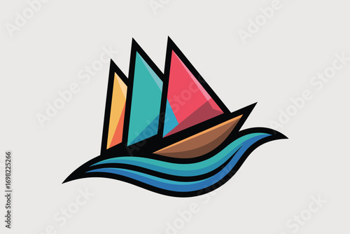 A stylized illustration of a sailboat with colorful sails on wavy water against a light background