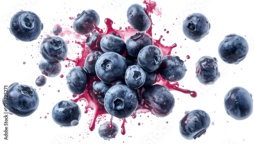 Burst of Flavor: A vibrant, high-angle shot captures a dynamic burst of blueberries and juice, showcasing the freshness and explosive nature of this delightful fruit.
