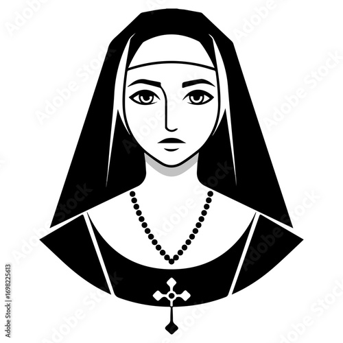 Vector Portrait of a Young Nun with Rosary Necklace.