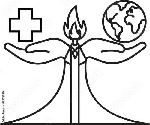 Humanitarian superhero icon with medical cross and globe, symbol of global healthcare, emergency aid and disaster rescue support, transparent background