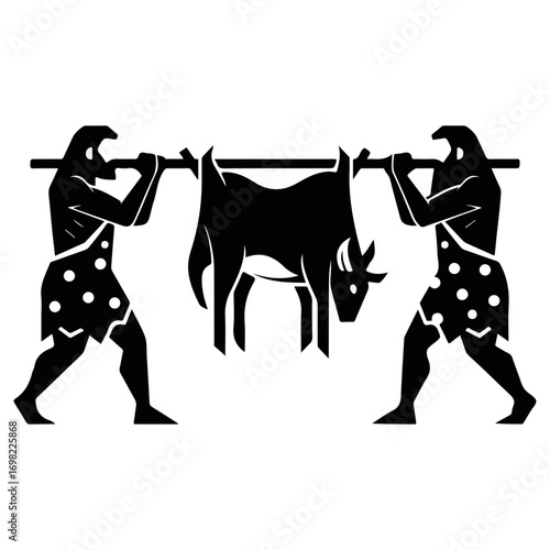 Two Cavemen Carrying a Large Animal Carcass.