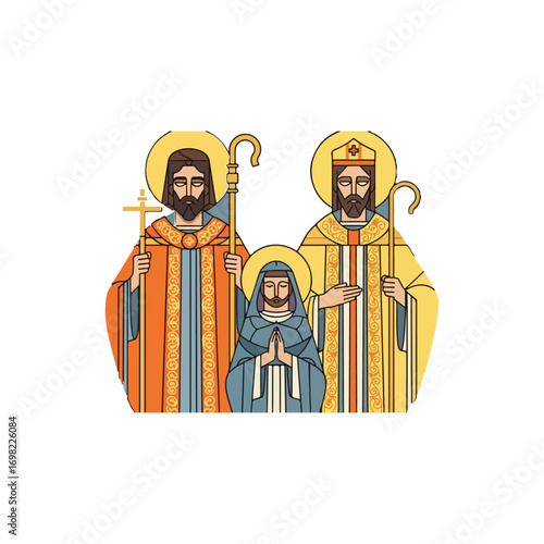 Iconic Depiction of Saint Family with Halos and Religious Symbols.