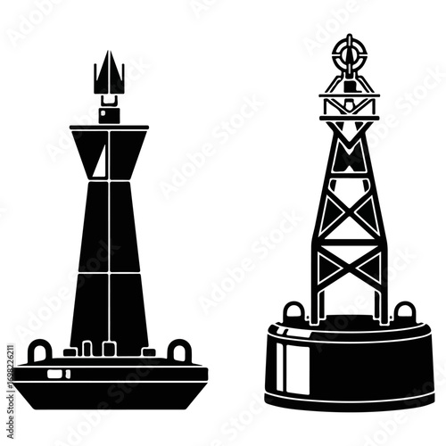 Two navigational buoys silhouette, maritime safety, coastal guidance, sea markers.