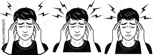 Young man experiencing a severe headache and discomfort, with lightning symbols indicating pain.