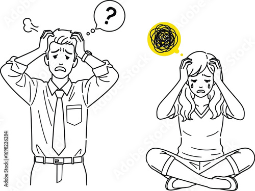 Frustrated man and woman overwhelmed by stress and confusion, seeking answers.