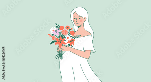 Elegant pregnant woman holding beautiful flower bouquet pastel background