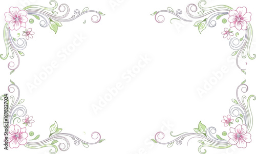 Elegant floral corner border with delicate pink blossoms and swirling green leaves