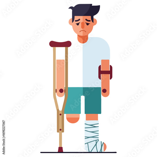 Sad injured man with a broken leg using a crutch.