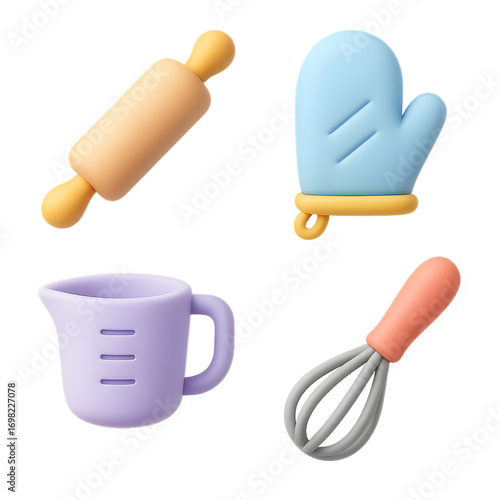 Lifestyle 3D claymorphism pastel 4 icon set rolling pin oven mitt measuring cup whisk object-colored transparent background isolated cut out