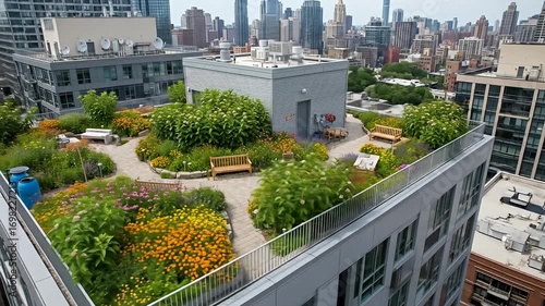 Wallpaper Mural Urban rooftop garden with benches, paths and colorful flowers, cityscape background Torontodigital.ca