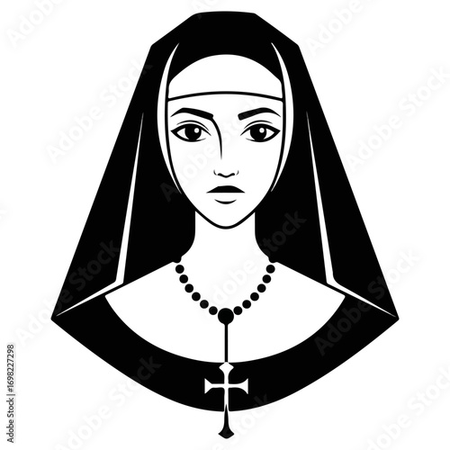 Stylized black and white portrait of a Catholic nun.