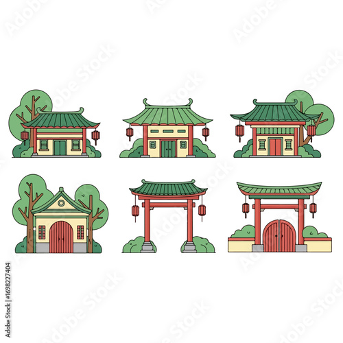 Traditional Asian Architecture Buildings and Gates Illustration.