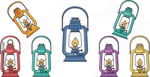 Collection of colorful vintage lanterns glowing with warm light