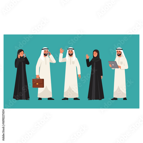 Group of diverse people in traditional Middle Eastern attire engaged in business activities.