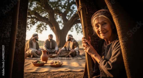 A smiling elderly woman peeks from a tent opening, observing men feasting under a tree. Biblical era scene depicting desert hospitality.