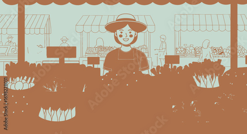 Farmers market with stall vendors and customers illustration