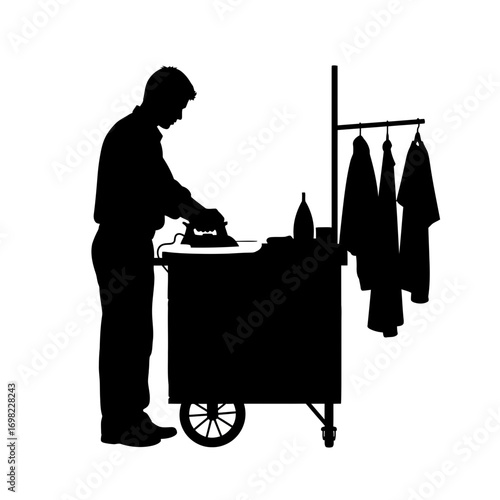 Man ironing clothes on a cart silhouette isolated on white background