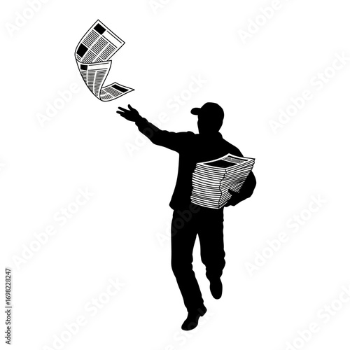 Newspaper delivery man throwing papers silhouette isolated on white background