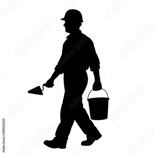 Construction worker silhouette with trowel and bucket isolated on white background