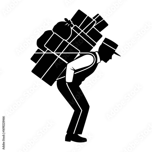 Man carrying heavy load silhouette isolated on white background