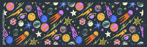 Colorful Hand-Drawn Space Pattern with Planets and Stars. This vibrant and playful seamless pattern depicts planets, stars, and comets in a whimsical, childlike style, reminiscent of crayon drawings.