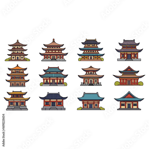 Pixel Art Collection of Traditional Asian Temples and Pagodas.