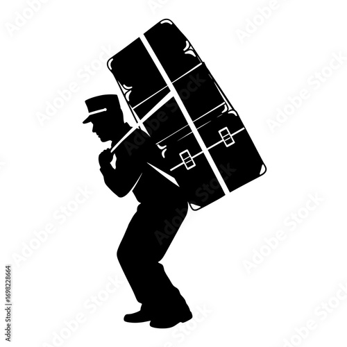 Bellhop carrying heavy luggage silhouette isolated on white background