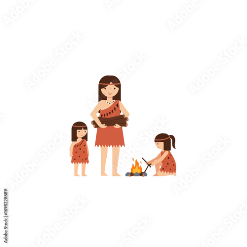 Prehistoric Mother and Two Daughters by a Campfire.