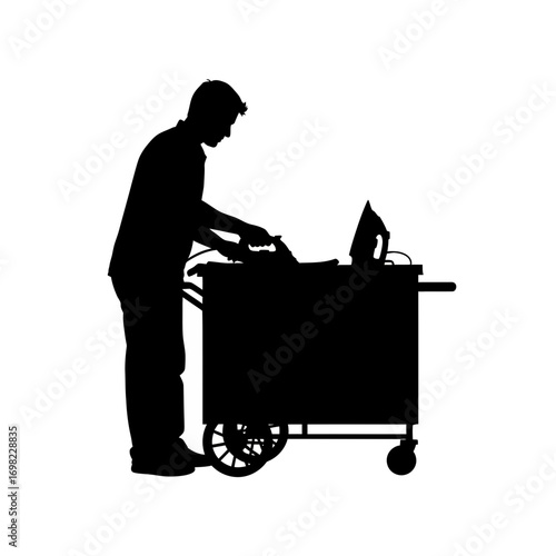 Man ironing clothes on a cart silhouette isolated on white background