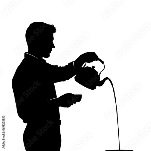 Man pouring tea from a teapot into a cup silhouette isolated on white background