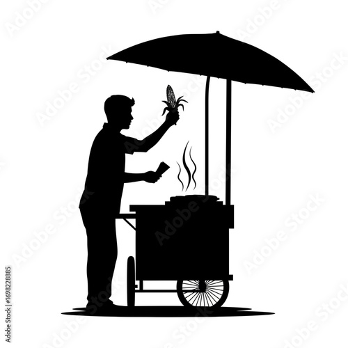 Man selling corn on the cob from a cart silhouette isolated on white background