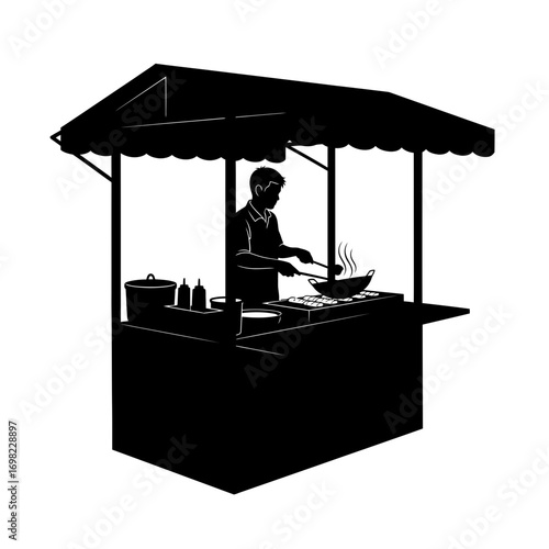 Street food vendor cooking in a stall silhouette isolated on white background