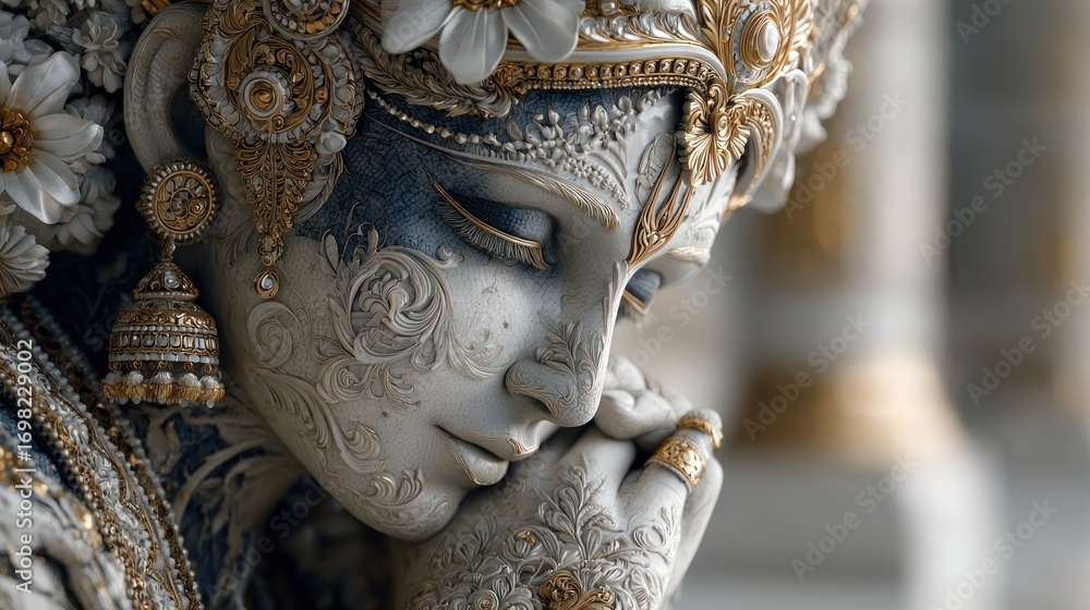 Fototapeta premium Contemplative ornate sculpture with intricate golden details and serene grace