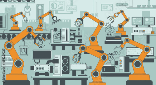Robotic arms assembling gears industrial automation vector illustration