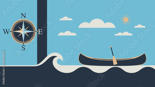 A boat sailing on water with a compass and sun in the sky and clouds and a dark blue background