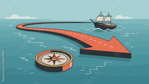 A ship sailing on water with a large arrow and a compass pointing the way towards a destination point