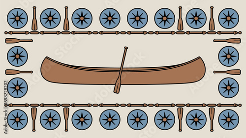 A decorative border featuring a canoe and paddle with compass roses and wooden beads and paddles around it