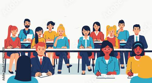 Diverse Group Attending Lecture or Meeting Flat Vector Illustration
