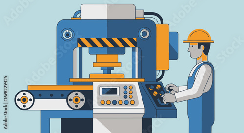 Industrial Manufacturing Press Operation With Operator Flat Design