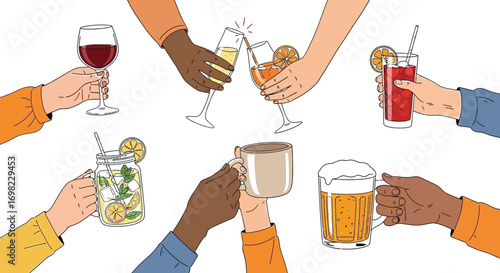 Diverse hands clinking glasses and mugs in a celebratory toast, sharing different beverages.