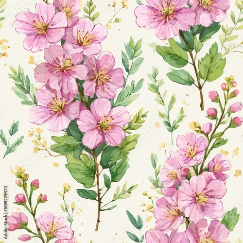 Watercolor Pink Cherry Blossoms Seamless Pattern for Textile Background Decoration Design
