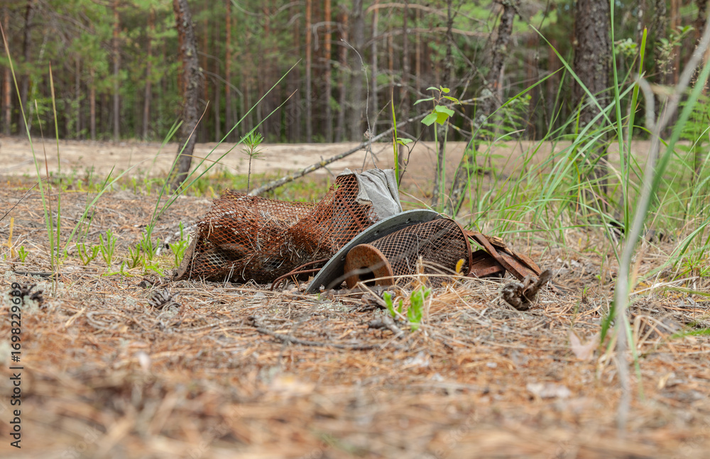 Obraz premium Rusty metal debris lies on barren ground, surrounded by scattered fallen leaves. The scene evokes a sense of decay and quiet silence.